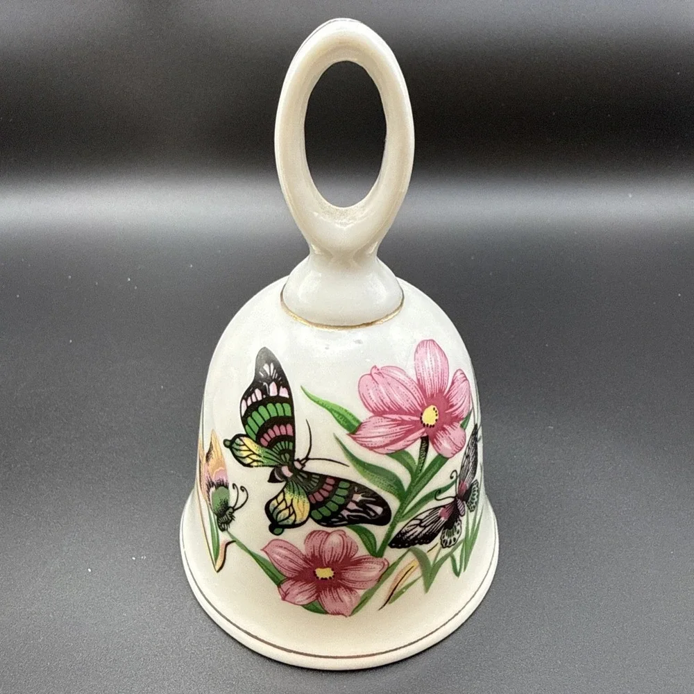 Vintage UCGC Decorative Bell Orange Pink Wild Flowers Butterflies Hand Painted 2